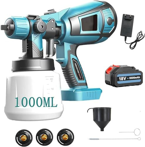 Pistola a Spruzzo, Compatibile con Makita,18V Spruzzatori di Vernice con 2 Ugelli in Rame e Filtro,Capacità 1000ml, con Batteria 1x5500mah e Caricabatterie, Per Verniciatura Di Pareti, Soffitti