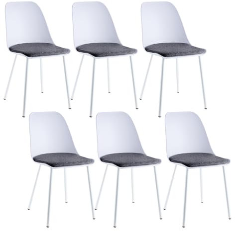 JYMTOM 6er-Set Esszimmerstuhl aus Kunststoff, Skandinavische Garten Stühle mit Grauer Samt-Polsterung und weißen Metallbeine für Garten, Esszimmer, Picknick und Restaurant, 82 * 54 * 43 cm (6, Grau)