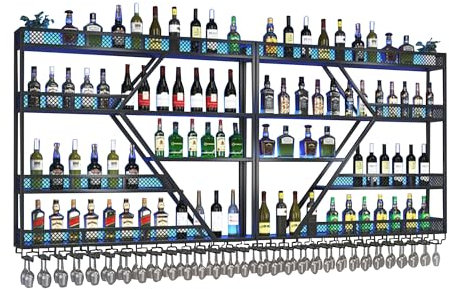 Botellero Vino Pared Con Luces Vinoteca Mueble Bar Salon Garrafeira Mini Bar Wine Rack Mueble Comedor Estanteria Cocina Pared con Soporte Copas Colgante para Barra para Bar Cocina Despensa(Black-blue,