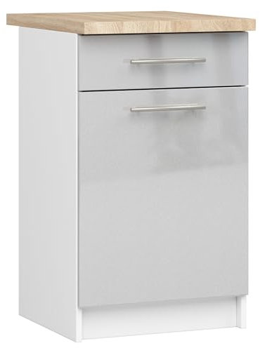 AKORD | Küchenschrank mit Arbeitsplatte - Oliwia S50 | Küchenunterschrank mit Tür, Schublade und 2 Einlegeböden | Unterschrank Küche 50 cm Breit | ABS-Kante 18 mm | 46x50x85 cm | Weiß & Metallic-Glanz