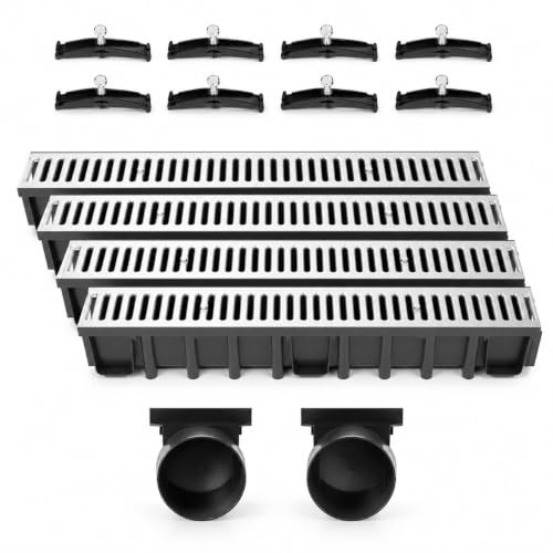 Entwässerungsrinne Set – befahrbar (A15) mit verzinktem Stahlrost | 4 m Länge, Bauhöhe 148 mm | Weitere Varianten: 1–10 m Länge, Bauhöhe 63 mm, 98 mm, 148 mm | Ablaufrinne für Garten, Hof & Einfahrt