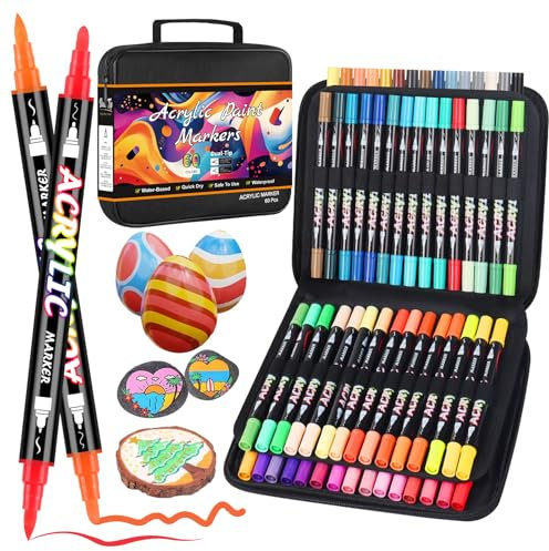 Sonlaryin Rotuladores Acrilicos 60 Colores 60 Piezas, Rotuladore de Pintura Acrílica Doble Punta con Fina y Pincel, Rotuladores para Roca, Cristal, Cerámica, Plastico, Tela, Metal