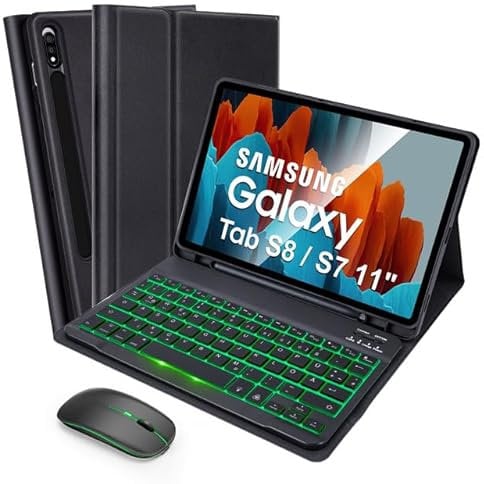 SOPPY Tastaturhülle mit Maus Samsung Galaxy Tab S8/Tab S7, Hülle mit Tastatur & Maus, Schutzhülle mit Stifthalter für Tab S8 11 2022/Tab S7 11 2020 - Deutsches QWERTZ, Schwarz Beleuchtet