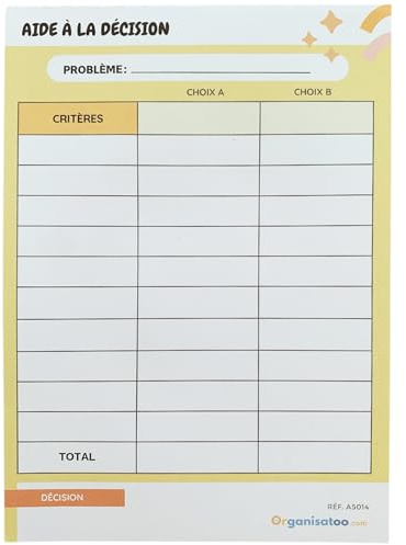 Bloc de notas de ayuda a la decisión. Tabla comparativa elección A versus B. Toma de decisiones, organizador de elección y análisis de criterios. Tamaño A5 con 50 páginas desmontables
