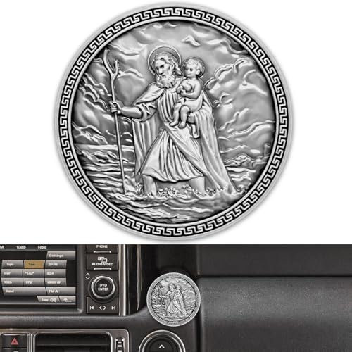 Anwlki Heilig Christophorus Auto Plaketten Ø 4cm Heiliger Christophorus Medaille Beschutze Uns Komm Gut Heim Geschenk mit Magnet und 1 Eisenstück, 3 Doppelseitig Klebende Aufkleber (Altes Silber)