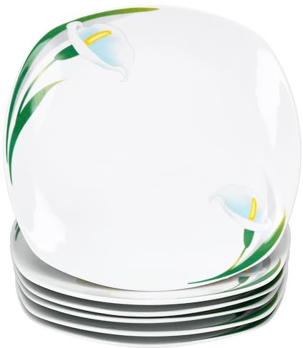 MamboCat 6er Set White Calla Speiseteller I florale stilvolle Porzellan-Essteller mit Blumen-Dekor für 6 Personen I große Teller für Hauptmahlzeiten, zum Grillen & Co.