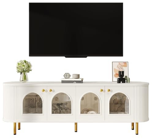 Azkoeesy TV-Schrank 170 cm Länge, TV-Lowboard Fernsehtisch mit 4 Glastüren, Viel Stauraum, Goldene Metallbeinen mit Bodenschutz (weiße)