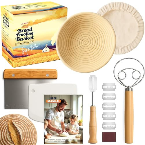 Premium Sourdough Starter Kit with Banneton Bread Proofing Basket – Complete Sourdough Proofing Basket Set with Liner, Lame, Scrapers & Whisk | Artisan Bread Making Tools & Gift for Bakers
