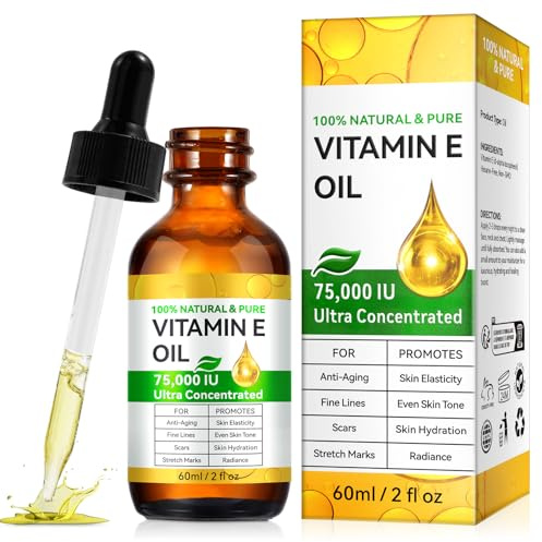 Olio di vitamina E 75.000 UI – Olio di vitamina E biologico naturale per la cura per cicatrici, smagliature e pelle | Vegano, non comedogeno | Olio per il corpo idratante per viso, capelli, unghie