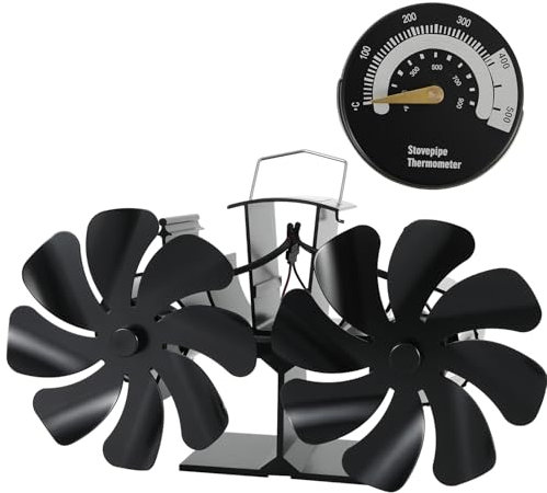 Tomersun Log Burner Stove Fan with Double Motors 16 Blades with Thermometer Silent Operation Heat Powered Fire Fans for or Woodburning/Log Burner/Fireplace