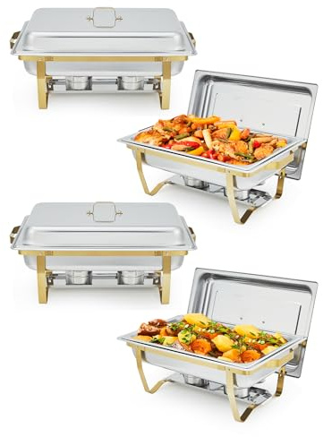 Rectangular Chafing Dish - Half Gold Plated Stainless Steel Buffet Warmer with Insulated Handles, Silver Mirror Finish Food Warmer for Catering, Buffets, Weddings & Events, Durable（4PCS）