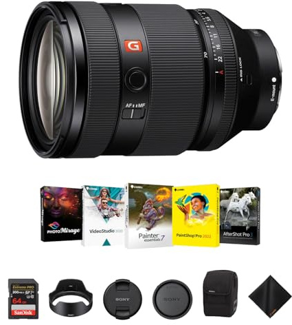 Sony FE 28-70mm f/2 GMaster Lens for Sony E Mount - Ultra-Fast Standard Zoom Lens with 64GB Extreme PRO UHS-I SDXC Memory Card, Corel Software Kit & Cleaning Cloth - Essential Bundle