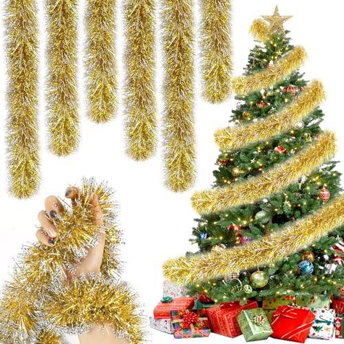 5 Stück Weihnachtsgirlande, 2M Lametta Weihnachtsbaum Girlande, Künstliche Tannengirlande Outdoor, Weihnachtsdeko Girlande, für Weihnachten Party Weihnachtsbaum Weihnachtsdeko (Gelb)