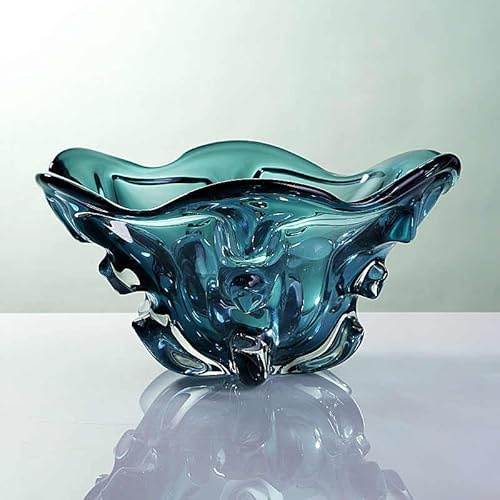 Luxury Modern Crystal Glass Oversized Fruit Bowl, Premium Teal Wave Design Serving Dish for Living Room Coffee Table, High-End Decorative Centerpiece