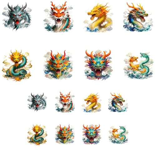 ANATTASOUL 16Pcs Chinesischer Drache Bügelbilder Für Textilien für Kleidung | 6.5 x 8 CM/18 x 22 CM Schnell & Einfach Bügelbild DIY Sticker zum Aufbügeln Bügelbilder Erwachsene für Hosen, Hüte, Taschen