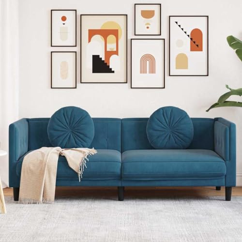 Hommdiy Sofa mit Kissen 3-Sitzer Blau Samt Loungesofa Couch für Wohnzimmer