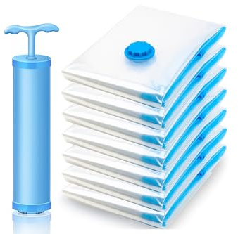 DisMa | Paquete de 7 bolsas de vacío para almacenamiento de ropa | Incluyen bomba manual de vacío | Tamaño, 2 pequeñas + 2 medianas + 2 grandes + 1 extra grande