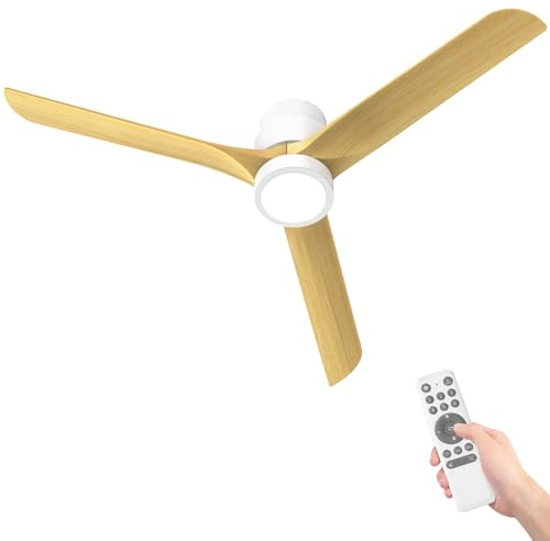 Ateroll Ventilador de techo con iluminación, Ø132 cm, 3CCT (3000K-6500K), LED de 15 W, mando a distancia, 6 velocidades, temporizador para salón, dormitorio (veteado de madera clara)