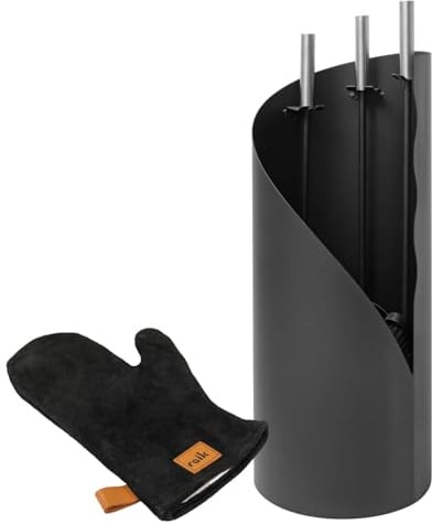 raik Kaminbesteck Set Fritz 3-teilig inkl. Rindsleder Ofenhandschuh schwarz Kamingarnitur Stahl Schwarz mit Edelstahlgriffen für Reinigung und Bedienung von Kaminen Öfen Feuerstellen Holzöfen