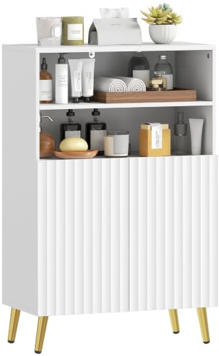 HOMCOM Badezimmerschrank mit 2 Soft-Close-Türen 60 x 31,8 x 93 cm Weiß | Badschrank, Verstellbare Ablagen, 2 Offene Fächer, Riffle-Design, Moderner Aufbewahrungsschrank, Badezimmer, Wohnzimmer