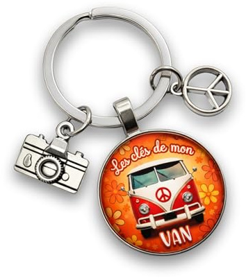 porte clés van « Les clés de mon van » avec breloques appareil photo et Peace & Love – idée cadeau original vanlife – création
