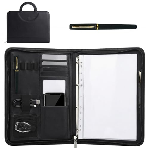 Schreibmappe A4 mit Reißverschluss, Konferenzmappe mit 10 wasserdichten PVC-Hüllen & 1 A4 Notizblock Kugelschreiber, 4 Ringbuch Dokumentenmappe aus PU Leder mit Ringbuch für Business, Meeting, Büro