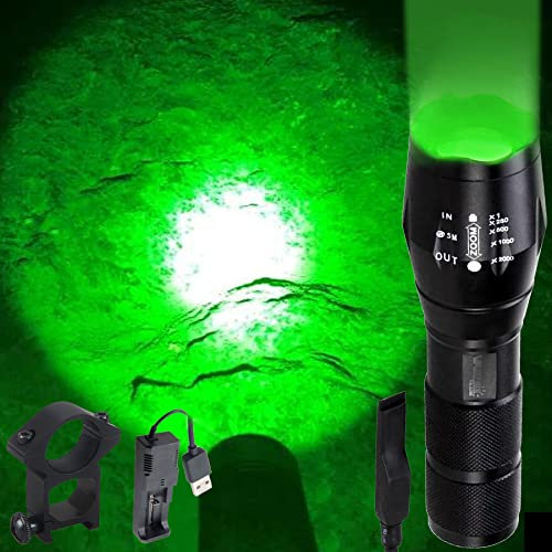 VASTFIRE Linterna Luz Verde de Caza 1000 Lumen, Enfoque Ajustable LED Recargable Táctica Impermeable Con Interruptor de Presión y Soporte Para Caza Nocturna