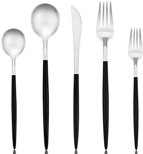 20 piezas de cubertería conjunto vajilla de acero inoxidable Set vajilla conjunto cubiertos conjunto incluyendo tenedor cuchillo cucharas servicio para cuatro personas negro y plata 18/10 (4 juegos)