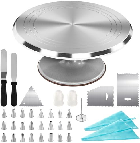 DAWOO Cake Turntable, Rotating Cake Stand, with 12 inch Aluminium Alloy Rotating Turntable, Includes Palette Knife and Cream Scraper Accessories Etc. (Silver)