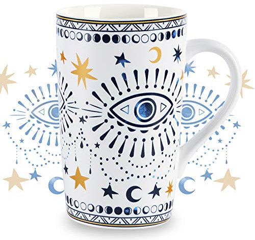 NymphFable Ceramic Coffee Mug 18oz Boho Eyes Coffee Cups with Handle Personalized Baking Pattern Tea Cup Large
