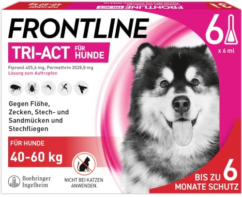 FRONTLINE TRI-ACT Hund XL gegen Zecken, Flöhe & Mücken (40 bis 60 kg) | 6x Pipetten für bis zu 6 Monate Schutz - wasserfest - perfekt auf Reisen - beugt Leishmaniose vor - für große Hunde