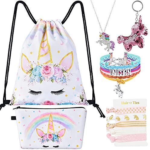 WERNNSAI Einhorn Kordelzug Rucksack - Einhorn Geschenke für Mädchen Geburtstag Weihnachten 9 Stück Kordelzug Taschen Set inklusive Schminktasche Schlüsselanhänger Halskette Armband Haargummis
