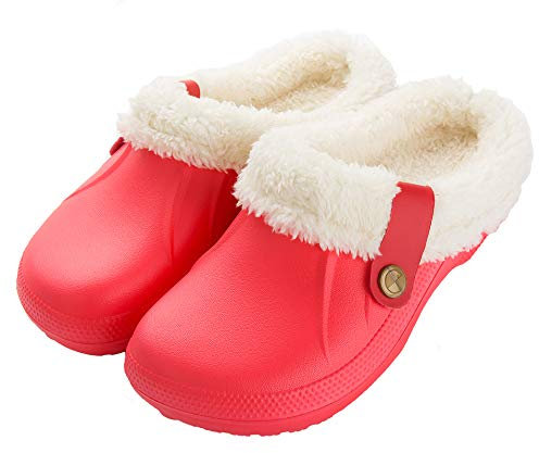 CELANDA Clogs Gefüttert Damen Herren Warm Hausschuhe wasserdichte Gartenclogs mit Fell Frauen Geschlossen Lined Clogs Winter Plüsch Pantoletten Rot 42/43 EU