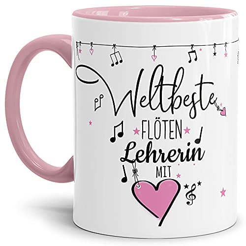 Berufe Tasse - Weltbeste Flöten Lehrerin - Geschenk für die weltbeste Musiklehrerin, Musikunterricht, Lehrerin - Keramik Innen & Henkel Rosa, 300 ml I Flöte