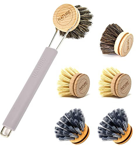 wilma nature XXL Set: Spülbürste + 6X Bürstenkopf | Halterung aus Edelstahl & Silikon, je 2X Rosshaar-, Kaktus- und Synthetikborstenkopf | austauschbar, nachhaltig: Farbe: grau