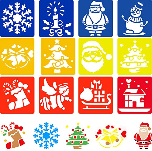 Zonon Set de 12 Pochoirs de Noël Réutilisables - Motifs Classiques en Plastique Coloré pour Cartes, Déco et DIY Festif Cadeau Créatif pour Adultes