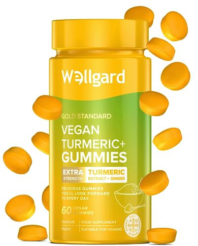 Wellgard Vegan High Strength Turmeric Gummies with Ginger – 1980MG Chewable Turmeric Curcumin Supplement, 60 Gummies, Peach Flavour