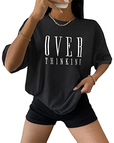 Tomwell Damen Tshirt Kurzarm Sommer Oberteile Oversized T-Shirt mit Buchstaben Druck Lose Rundhals Sport Shirt Teenager Mädchen Top Tunika Lang A Schwarz S