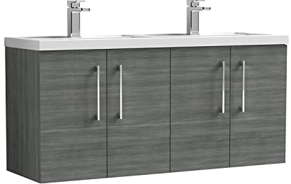 nuie ARN523C Arno Modern Bathroom Wall Hung 4 Door Double Vanity Unit with Twin Polymarble Basin, 1200mm, Woodgrain Anthracite