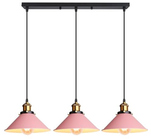 iDEGU 3-flammig Pendelleuchte, Retro Hängelampe Industrie Design Hängeleuchte 22CM Lampenschirm Vintage Lampe E27 Kronleuchter für Küche Esszimmer Café Bar Restaurant (Rosa)