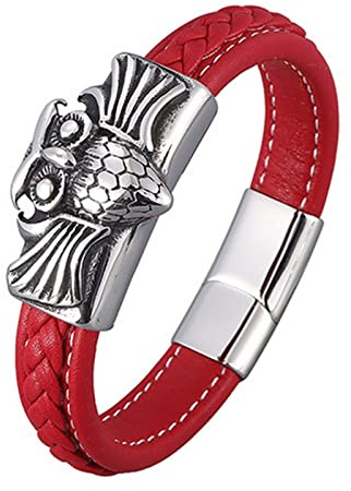 Whoiy Leder Armband Herr, Armband Gravur Damen Eule Magnetische Schnalle Lederarmband für Männer 16.5cm
