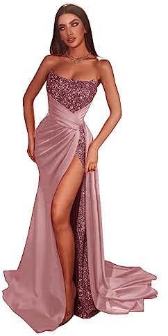Tsbridal Robe de bal à paillettes en satin avec fente fendue, robe de soirée formelle, longue robe d'invitée de mariage avec train, Rose poudré-a, 50 plus