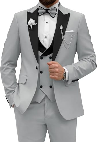 Wangyue Men's Tuxedo Suit 3 Piece Slim Fit Suit for Men Tuxedo for Men Wedding Party Dinner Prom, Sliver Gray, XXL