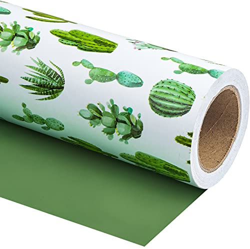WRAPAHOLIC Wendbares Geschenkpapier – Mini-Rolle – 43,2 cm x 94,4 m – Aquarell-Kaktus und solides grünes Design für Geburtstag, Urlaub, Hochzeit, Babyparty