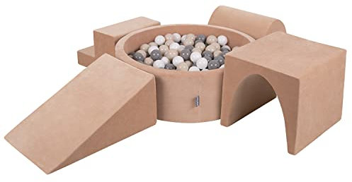 KiddyMoon Spielplatz Velvet Aus Schaumstoff Mit Samt Rund Bällebad (300 Bälle) Ballgruben Für Babys Spielbad Hindernisläufen, Hergestellt In Der EU, Wüstenrosa: Pastellbeige/Grau/Weiß