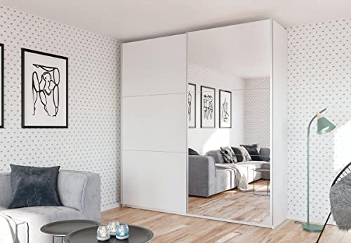 Kleiderschrank Rodos mit Spiegel 225 cm, Schwebetürenschrank, Garderobeschrank Schlafzimmer; Wohnzimmerschrank; Korpus Schrank Farbe: Eiche-Wotan; Farbe der Schrankfront: Eiche-Wotan;Mehrzweckschrank