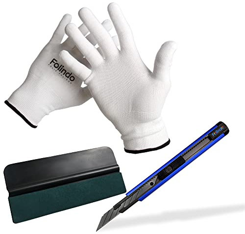 Folindo® Folier Set Auto Folien Werkzeuge | 1x Alu Cutter 1x Rakel 1 Paar Handschuhe | Car Wrapping Rakel Filz Cutter Messer