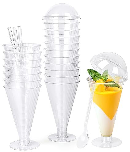 CoKeeSun 20 Piezas 170ml/6oz Vasitos para Postres con Cucharas, Tazas de Postre de Plástico en forma de copa de vino, Cuencos de Postre Transparentes, Vasitos Aperitivos para Pudín Mousse