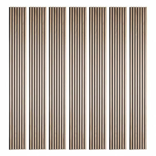 DECOON Lot de 7 Panneaux tasseaux Bois - 250x30x1 cm - Pack Mur TV Bois 210cm - Lamelles chêne Clair véritable Fond Noir - 5,25m²