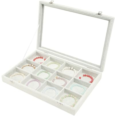 Coward Jewelry Organizer Tray Box, Grey Beige Velvet 12 Grids Bracelet Bangle Necklace Jewelry Display Tray Case with Transparent Glass Lid for Home Desk Drawer or Store Selling Show